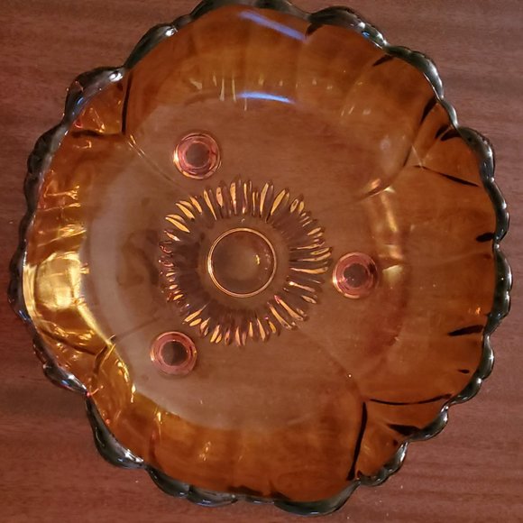 Vtg/MCM/Retro 70s Amber Indian Glass Serving Footed Bowl Flower/Sunflower Design - Picture 1 of 4